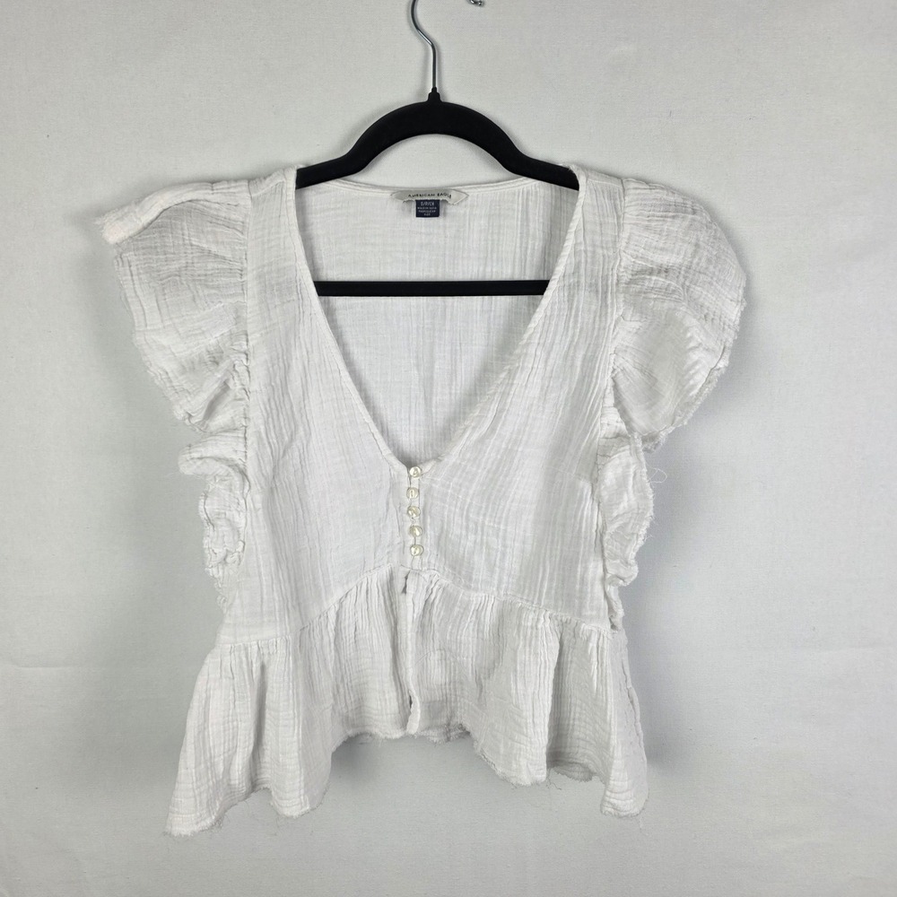 American Eagle White Cotton Gauze Ruffle Peplum V-Neck Top Small